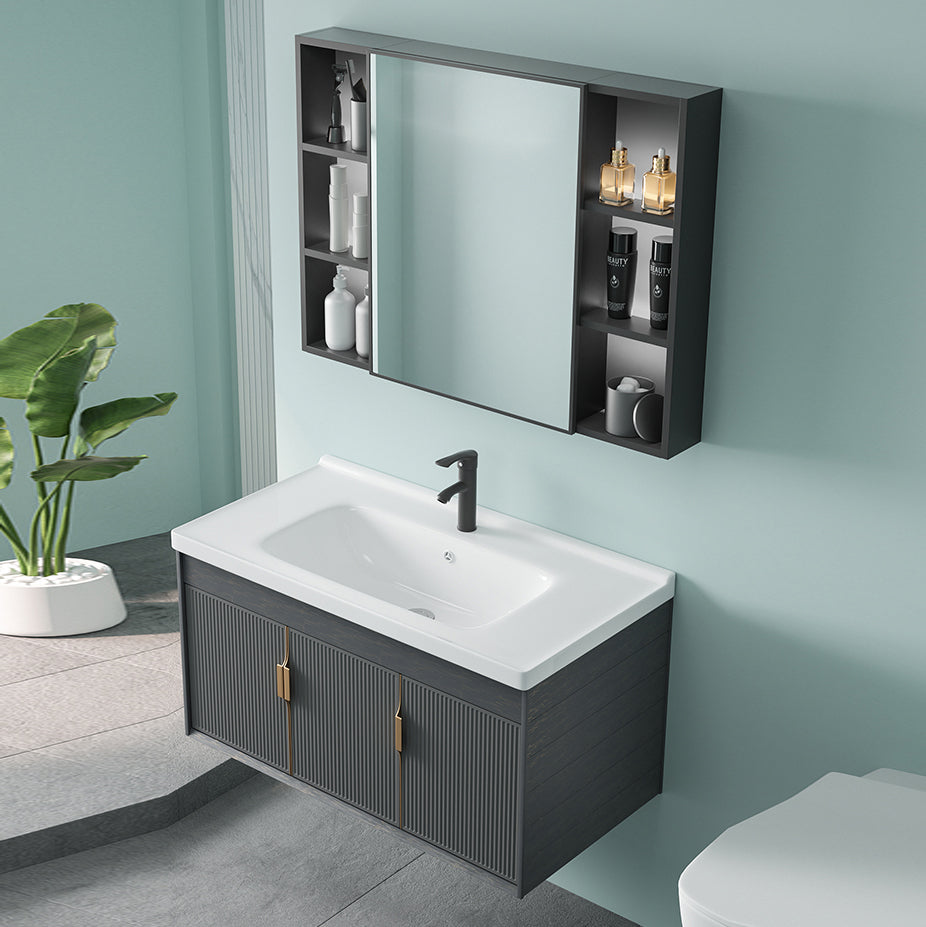 Single Sink Bathroom Vanity Modern Dark Gray Ceramic Wall Mount Vanity Set Clearhalo 'Bathroom Remodel & Bathroom Fixtures' 'Bathroom Vanities' 'bathroom_vanities' 'Home Improvement' 'home_improvement' 'home_improvement_bathroom_vanities' 7487152