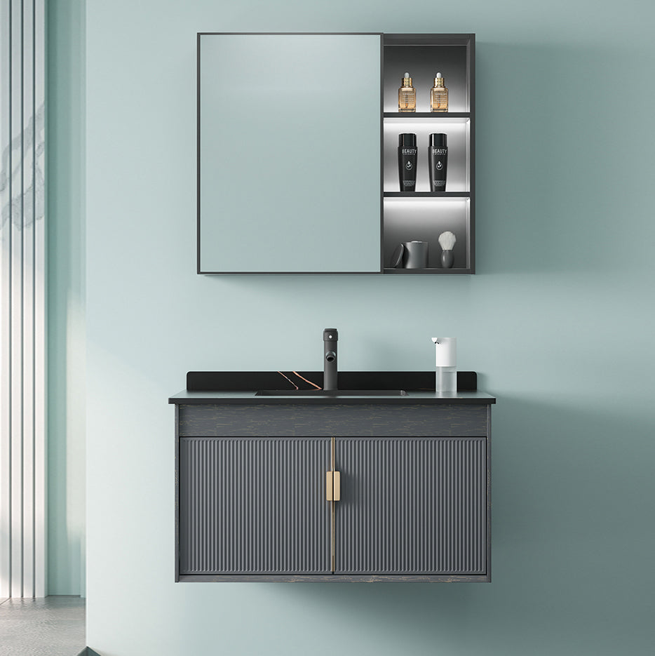 Single Sink Bathroom Vanity Modern Dark Gray Ceramic Wall Mount Vanity Set Clearhalo 'Bathroom Remodel & Bathroom Fixtures' 'Bathroom Vanities' 'bathroom_vanities' 'Home Improvement' 'home_improvement' 'home_improvement_bathroom_vanities' 7487154