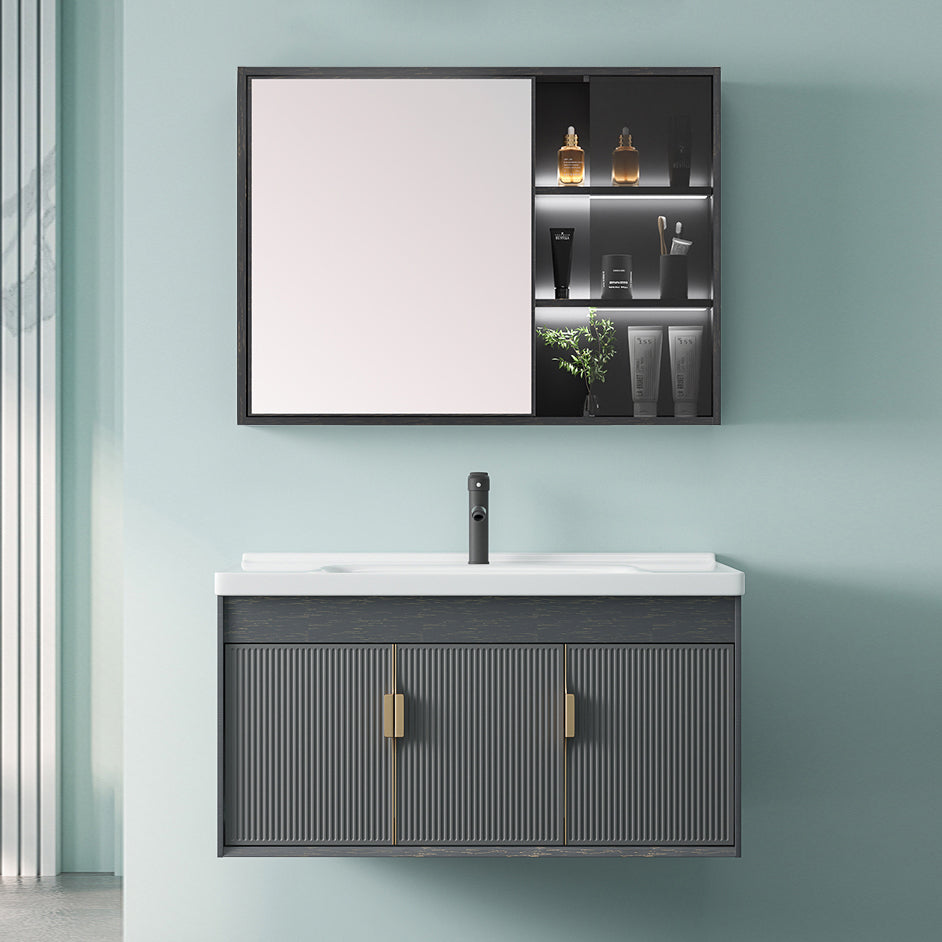 Single Sink Bathroom Vanity Modern Dark Gray Ceramic Wall Mount Vanity Set Clearhalo 'Bathroom Remodel & Bathroom Fixtures' 'Bathroom Vanities' 'bathroom_vanities' 'Home Improvement' 'home_improvement' 'home_improvement_bathroom_vanities' 7487156