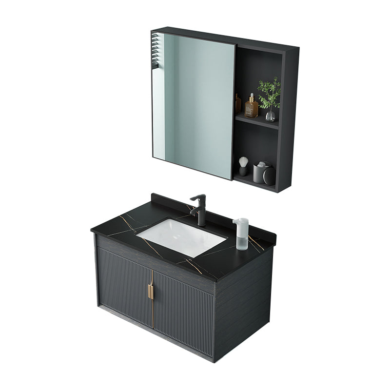 Single Sink Bathroom Vanity Modern Dark Gray Ceramic Wall Mount Vanity Set Vanity & Faucet & Mirror Cabinet Clearhalo 'Bathroom Remodel & Bathroom Fixtures' 'Bathroom Vanities' 'bathroom_vanities' 'Home Improvement' 'home_improvement' 'home_improvement_bathroom_vanities' 7487157