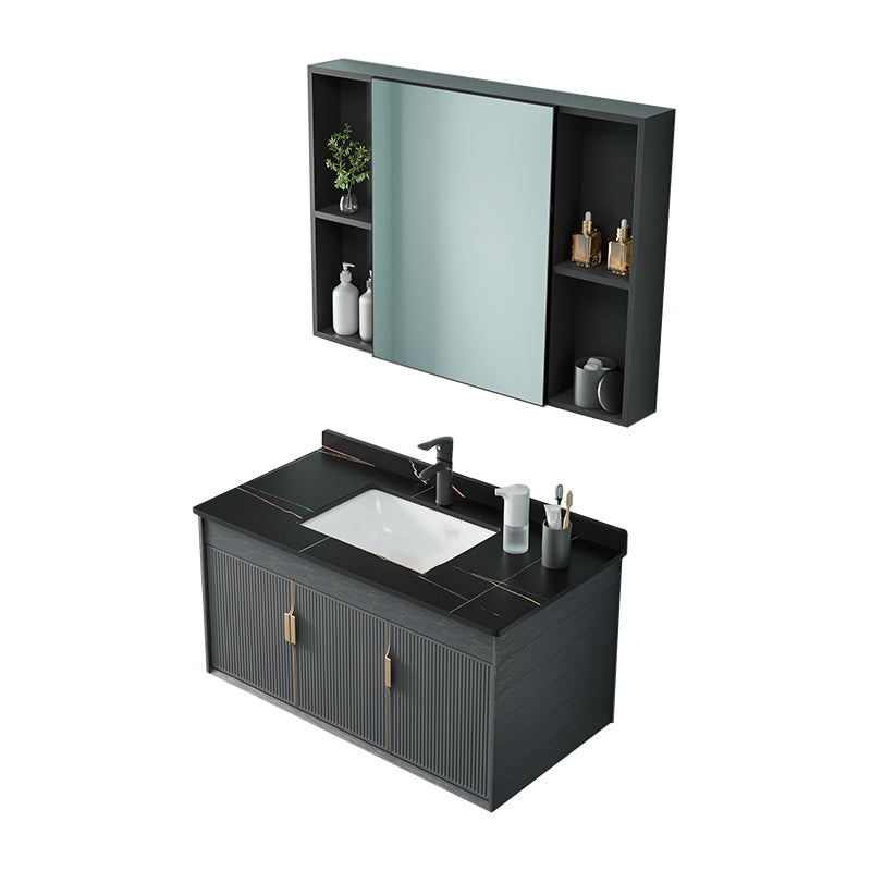 Single Sink Bathroom Vanity Modern Dark Gray Ceramic Wall Mount Vanity Set Vanity & Faucet & Mirror Cabinet Clearhalo 'Bathroom Remodel & Bathroom Fixtures' 'Bathroom Vanities' 'bathroom_vanities' 'Home Improvement' 'home_improvement' 'home_improvement_bathroom_vanities' 7487159