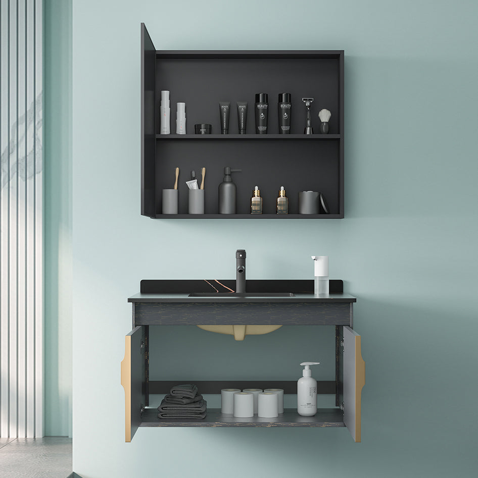 Single Sink Bathroom Vanity Modern Dark Gray Ceramic Wall Mount Vanity Set Clearhalo 'Bathroom Remodel & Bathroom Fixtures' 'Bathroom Vanities' 'bathroom_vanities' 'Home Improvement' 'home_improvement' 'home_improvement_bathroom_vanities' 7487160