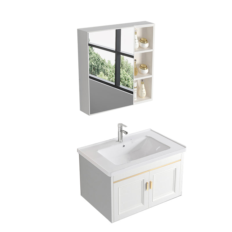 Glam White Sink Vanity Wooden Single Sink Vanity Set for Bathroom Vanity & Faucet & Mirror Cabinet 28"L x 16"W x 16"H Towel Bar Not Included Clearhalo 'Bathroom Remodel & Bathroom Fixtures' 'Bathroom Vanities' 'bathroom_vanities' 'Home Improvement' 'home_improvement' 'home_improvement_bathroom_vanities' 7492288