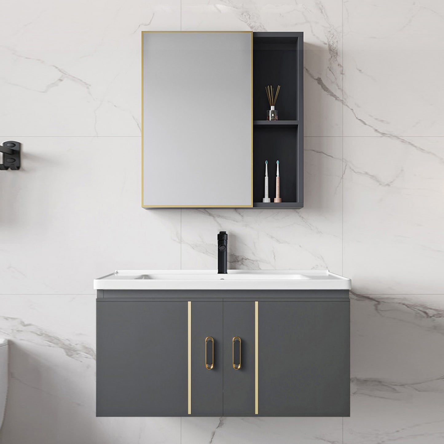 Modern Sink Vanity Grey Metal Vanity Set with Doors for Washroom Clearhalo 'Bathroom Remodel & Bathroom Fixtures' 'Bathroom Vanities' 'bathroom_vanities' 'Home Improvement' 'home_improvement' 'home_improvement_bathroom_vanities' 7493642