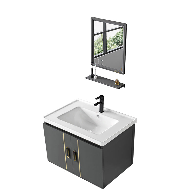 Modern Sink Vanity Grey Metal Vanity Set with Doors for Washroom Vanity & Faucet & Mirrors 28"L x 19"W x 16"H Ceramic Clearhalo 'Bathroom Remodel & Bathroom Fixtures' 'Bathroom Vanities' 'bathroom_vanities' 'Home Improvement' 'home_improvement' 'home_improvement_bathroom_vanities' 7493650