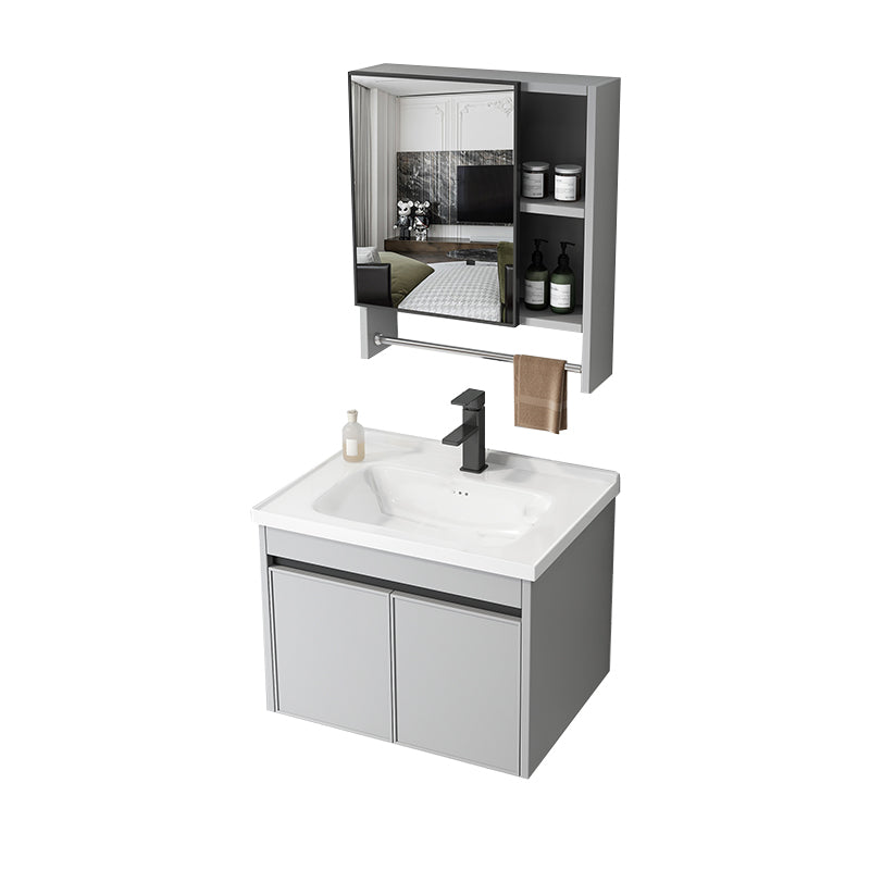 Single Sink Modern Bathroom Vanity Gray Metal Frame Wall Mount Vanity Set Vanity & Faucet & Mirror Cabinet 24"L x 19"W x 18"H Towel Bar Included Clearhalo 'Bathroom Remodel & Bathroom Fixtures' 'Bathroom Vanities' 'bathroom_vanities' 'Home Improvement' 'home_improvement' 'home_improvement_bathroom_vanities' 7498246