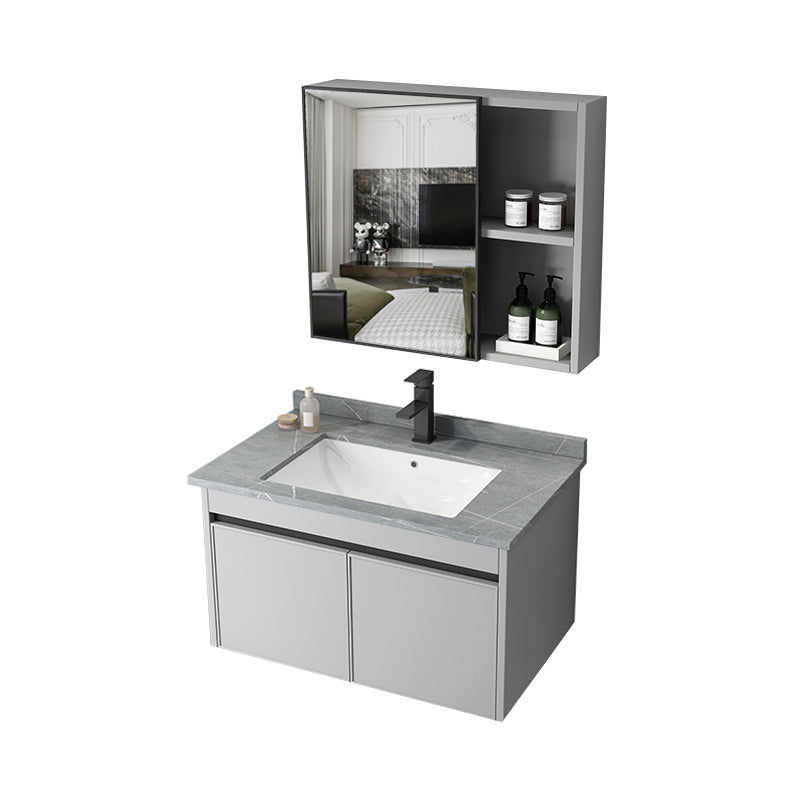 Single Sink Modern Bathroom Vanity Gray Metal Frame Wall Mount Vanity Set Vanity & Faucet & Mirror Cabinet 31.5"L x 18.9"W x 17.7"H Towel Bar Not Included Clearhalo 'Bathroom Remodel & Bathroom Fixtures' 'Bathroom Vanities' 'bathroom_vanities' 'Home Improvement' 'home_improvement' 'home_improvement_bathroom_vanities' 7498251