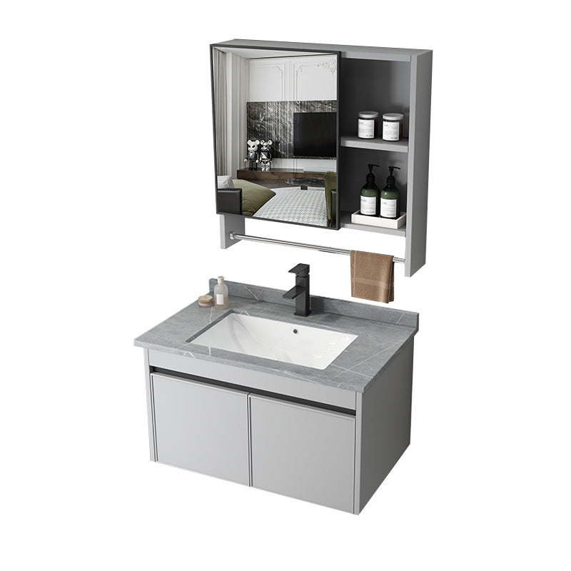 Single Sink Modern Bathroom Vanity Gray Metal Frame Wall Mount Vanity Set Vanity & Faucet & Mirror Cabinet 31.5"L x 18.9"W x 17.7"H Towel Bar Included Clearhalo 'Bathroom Remodel & Bathroom Fixtures' 'Bathroom Vanities' 'bathroom_vanities' 'Home Improvement' 'home_improvement' 'home_improvement_bathroom_vanities' 7498255