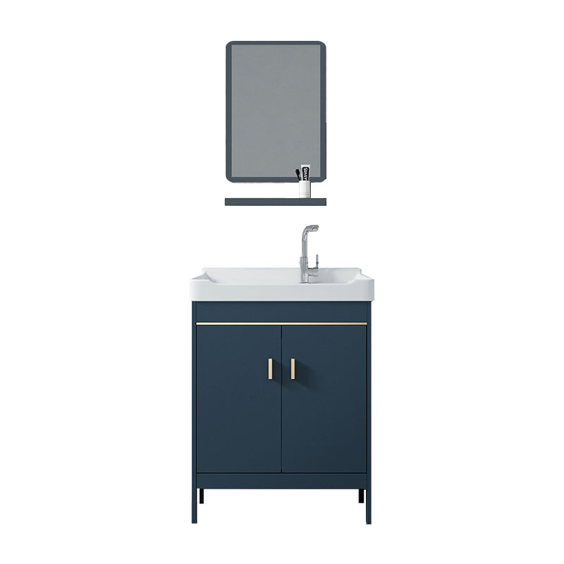 Modern Blue Bathroom Vanity Metal Frame Single-Sink Freestanding Vanity Set Vanity & Faucet & Mirrors 24"L x 18.9"W x 31.9"H Clearhalo 'Bathroom Remodel & Bathroom Fixtures' 'Bathroom Vanities' 'bathroom_vanities' 'Home Improvement' 'home_improvement' 'home_improvement_bathroom_vanities' 7498326