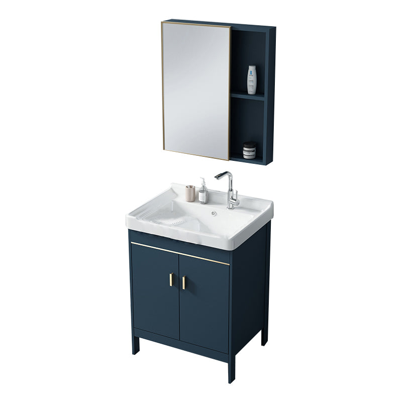 Modern Blue Bathroom Vanity Metal Frame Single-Sink Freestanding Vanity Set Vanity & Faucet & Mirror Cabinet 24"L x 18.9"W x 31.9"H Clearhalo 'Bathroom Remodel & Bathroom Fixtures' 'Bathroom Vanities' 'bathroom_vanities' 'Home Improvement' 'home_improvement' 'home_improvement_bathroom_vanities' 7498332