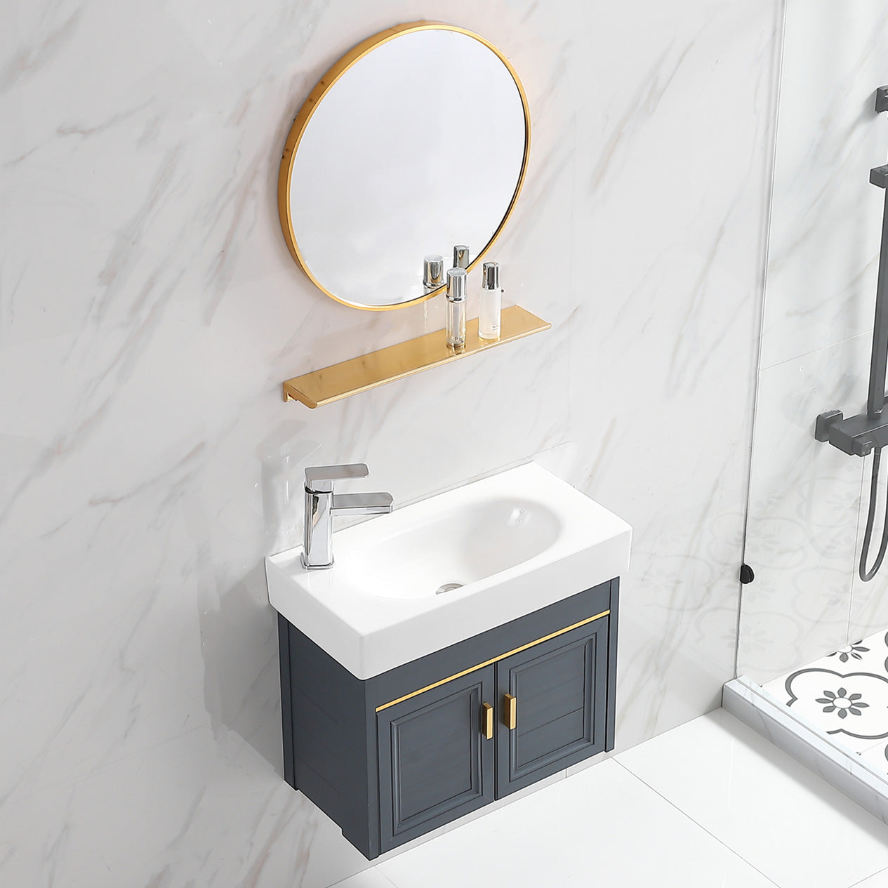 Glam Single Bath Vanity Metal Frame Wall Mount Blue Sink Vanity Clearhalo 'Bathroom Remodel & Bathroom Fixtures' 'Bathroom Vanities' 'bathroom_vanities' 'Home Improvement' 'home_improvement' 'home_improvement_bathroom_vanities' 7519291