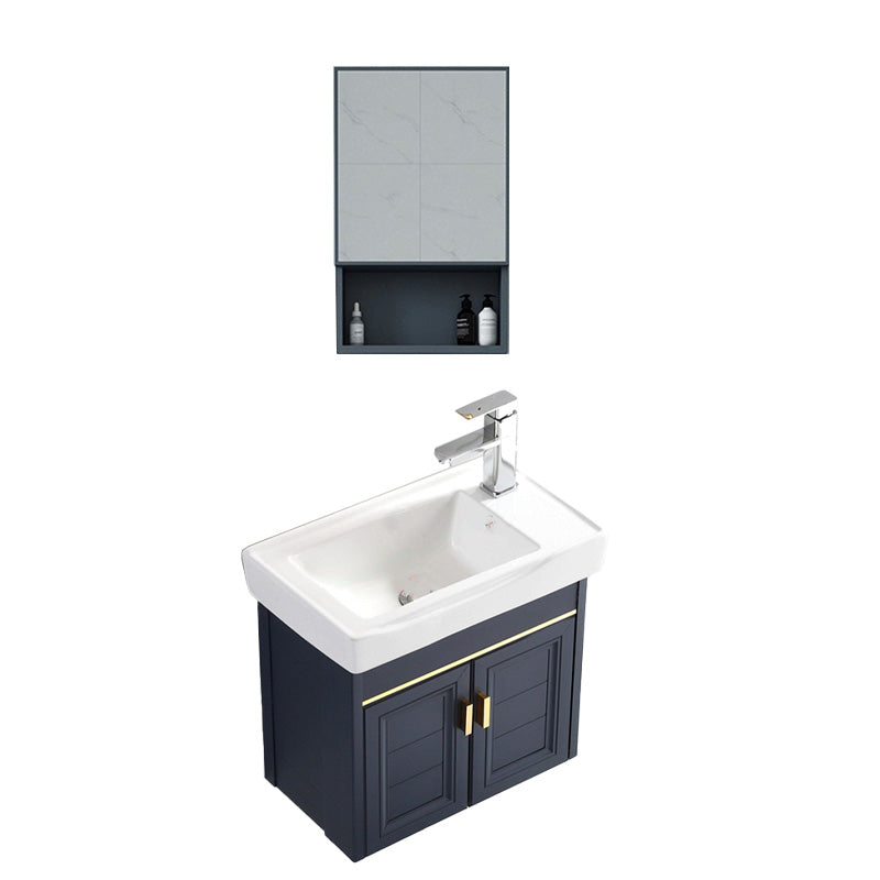 Glam Single Bath Vanity Metal Frame Wall Mount Blue Sink Vanity Vanity & Faucet & Mirror Cabinet 23"L x 13"W x 18"H Right Clearhalo 'Bathroom Remodel & Bathroom Fixtures' 'Bathroom Vanities' 'bathroom_vanities' 'Home Improvement' 'home_improvement' 'home_improvement_bathroom_vanities' 7519292