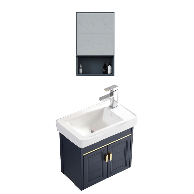 Glam Single Bath Vanity Metal Frame Wall Mount Blue Sink Vanity Vanity & Faucet & Mirror Cabinet 20"L x 12"W x 17"H Right Clearhalo 'Bathroom Remodel & Bathroom Fixtures' 'Bathroom Vanities' 'bathroom_vanities' 'Home Improvement' 'home_improvement' 'home_improvement_bathroom_vanities' 7519300