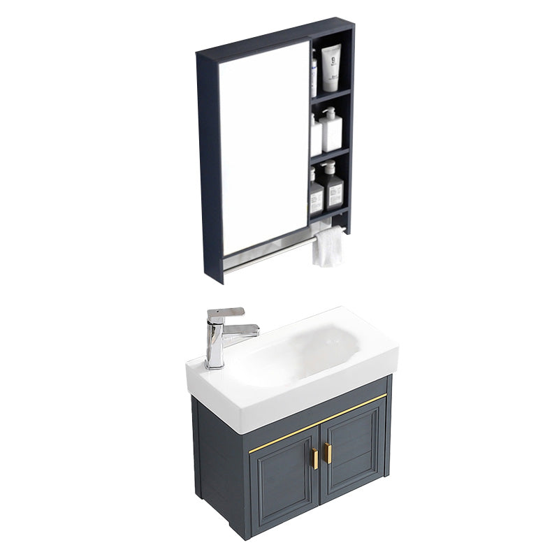 Glam Single Bath Vanity Metal Frame Wall Mount Blue Sink Vanity Vanity & Faucet & Mirror Cabinet 23.6"L x 11.8"W x 18.9"H Left Clearhalo 'Bathroom Remodel & Bathroom Fixtures' 'Bathroom Vanities' 'bathroom_vanities' 'Home Improvement' 'home_improvement' 'home_improvement_bathroom_vanities' 7519301