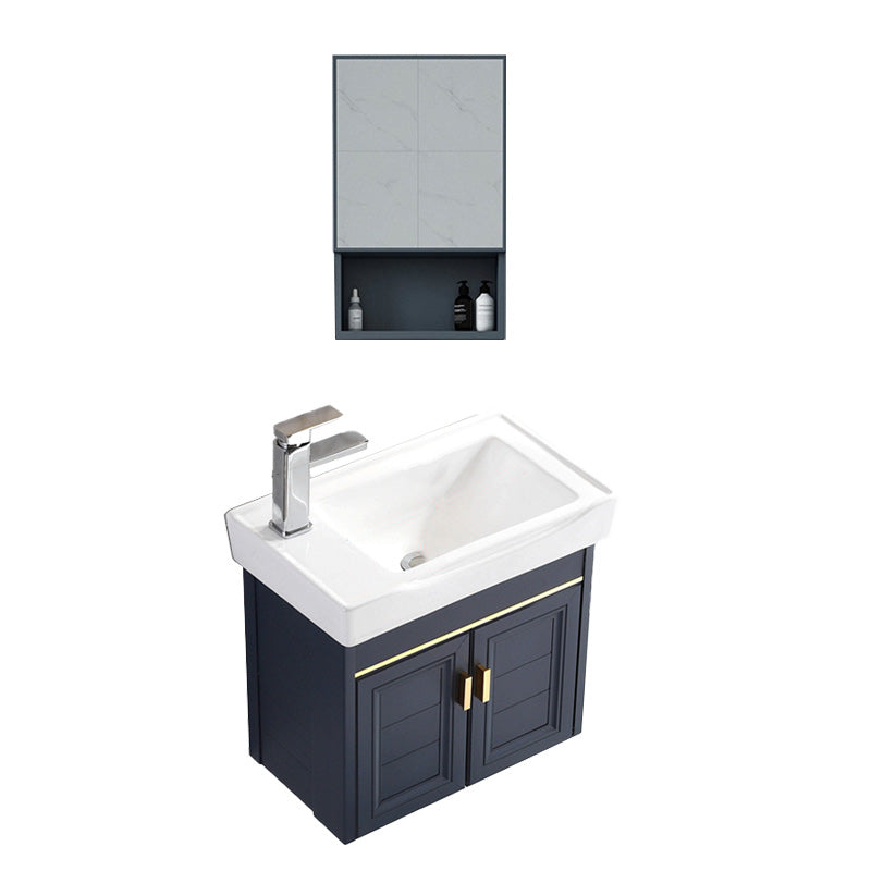 Glam Single Bath Vanity Metal Frame Wall Mount Blue Sink Vanity Vanity & Faucet & Mirror Cabinet 20"L x 12"W x 17"H Left Clearhalo 'Bathroom Remodel & Bathroom Fixtures' 'Bathroom Vanities' 'bathroom_vanities' 'Home Improvement' 'home_improvement' 'home_improvement_bathroom_vanities' 7519311