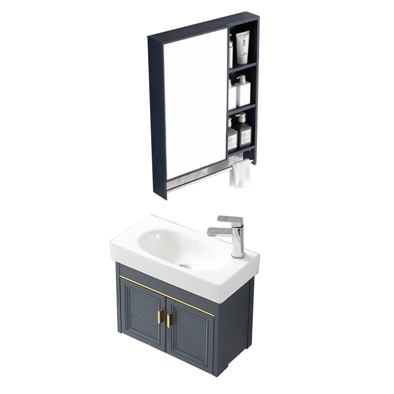 Glam Single Bath Vanity Metal Frame Wall Mount Blue Sink Vanity Vanity & Faucet & Mirror Cabinet 23.6"L x 11.8"W x 18.9"H Right Clearhalo 'Bathroom Remodel & Bathroom Fixtures' 'Bathroom Vanities' 'bathroom_vanities' 'Home Improvement' 'home_improvement' 'home_improvement_bathroom_vanities' 7519317