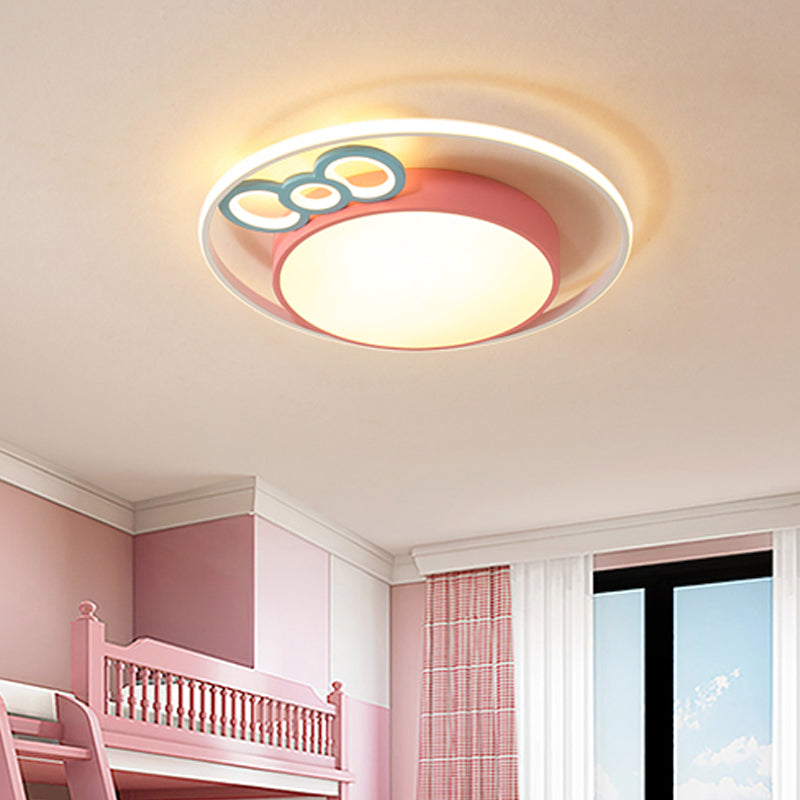 Drum Flush Pendant Ceiling Light Contemporary Acrylic Blue/Pink LED Flush Mount with Bownot for Bedroom Clearhalo 'Ceiling Lights' 'Close To Ceiling Lights' 'Close to ceiling' 'Flush mount' Lighting' 753654