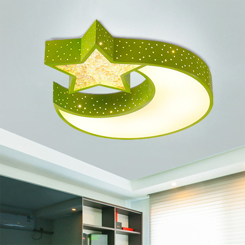 Kids Style LED Ceiling Mount Blue/Green Moon and Star Flushmount Lighting with Acrylic Shade Green Clearhalo 'Ceiling Lights' 'Close To Ceiling Lights' 'Close to ceiling' 'Flush mount' Lighting' 753701