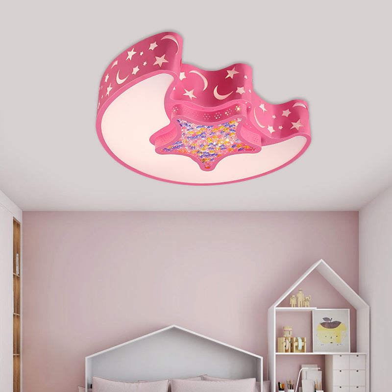 Moon and Star Ceiling Mounted Fixture Contemporary Acrylic White/Pink/Blue LED Flush Pendant Light for Bedroom Pink Clearhalo 'Ceiling Lights' 'Close To Ceiling Lights' 'Close to ceiling' 'Flush mount' Lighting' 753705