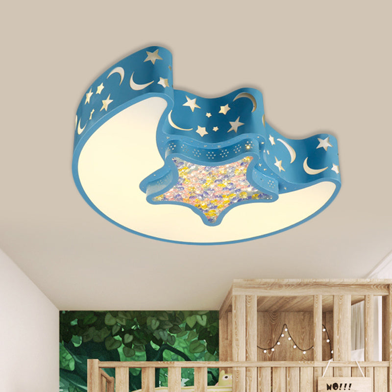 Moon and Star Ceiling Mounted Fixture Contemporary Acrylic White/Pink/Blue LED Flush Pendant Light for Bedroom Blue Clearhalo 'Ceiling Lights' 'Close To Ceiling Lights' 'Close to ceiling' 'Flush mount' Lighting' 753709