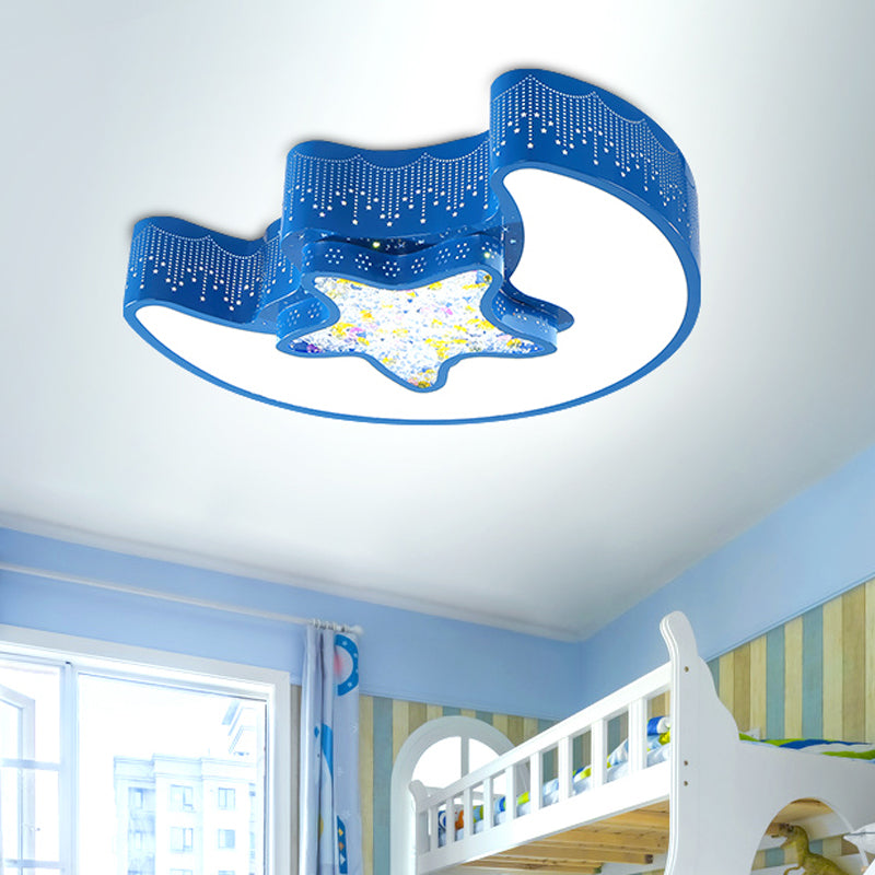 Kids Style Moon and Pentagram Ceiling Flush Acrylic Bedroom LED Flushmount Lighting with Starry Design for Bedroom in Blue/Pink/White Blue Clearhalo 'Ceiling Lights' 'Close To Ceiling Lights' 'Close to ceiling' 'Flush mount' Lighting' 753717