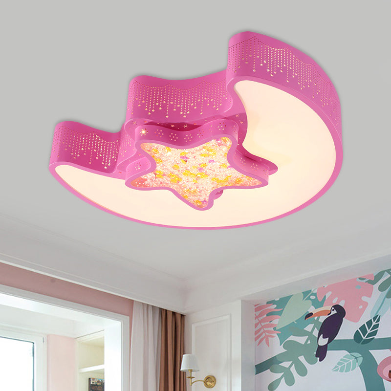 Kids Style Moon and Pentagram Ceiling Flush Acrylic Bedroom LED Flushmount Lighting with Starry Design for Bedroom in Blue/Pink/White Pink Clearhalo 'Ceiling Lights' 'Close To Ceiling Lights' 'Close to ceiling' 'Flush mount' Lighting' 753725