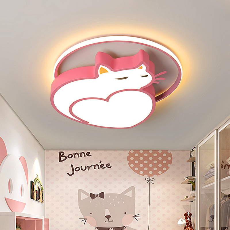 Pink Cat Shaped Ceiling Mounted Fixture Kids Style Acrylic LED Flushmount Lighting with Ring for Bedroom in Warm/White Light Pink Clearhalo 'Ceiling Lights' 'Close To Ceiling Lights' 'Close to ceiling' 'Flush mount' Lighting' 753729