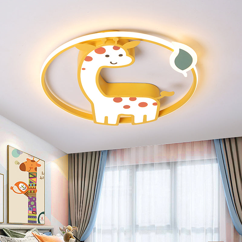 Acrylic Giraffe Flush Ceiling Light Cartoon Style Yellow Flushmount Fixture with Leaf Design in Warm/White Light Yellow Clearhalo 'Ceiling Lights' 'Close To Ceiling Lights' 'Close to ceiling' 'Flush mount' Lighting' 753761