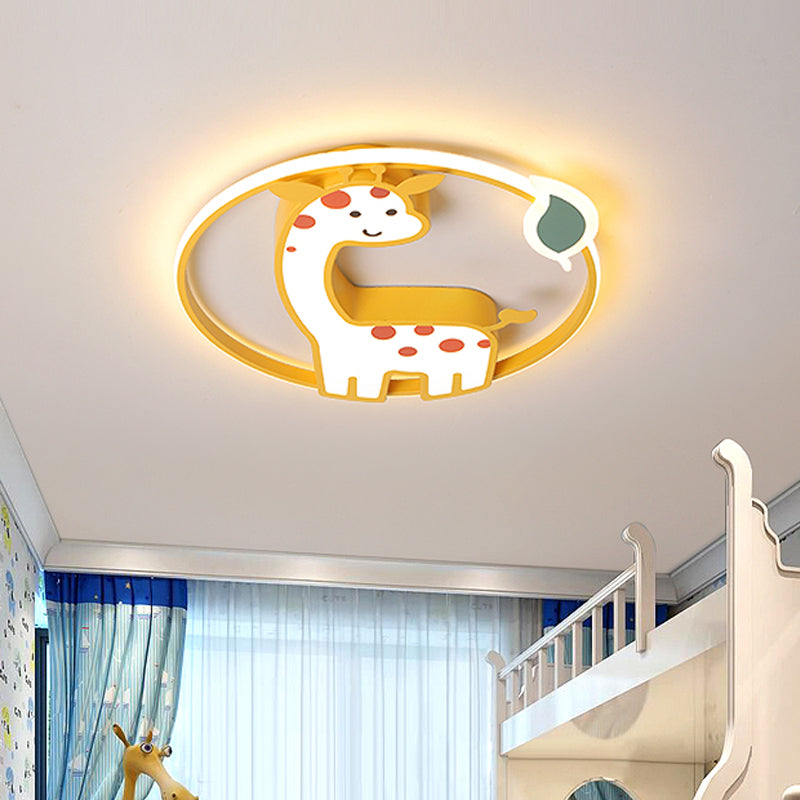 Acrylic Giraffe Flush Ceiling Light Cartoon Style Yellow Flushmount Fixture with Leaf Design in Warm/White Light Clearhalo 'Ceiling Lights' 'Close To Ceiling Lights' 'Close to ceiling' 'Flush mount' Lighting' 753762