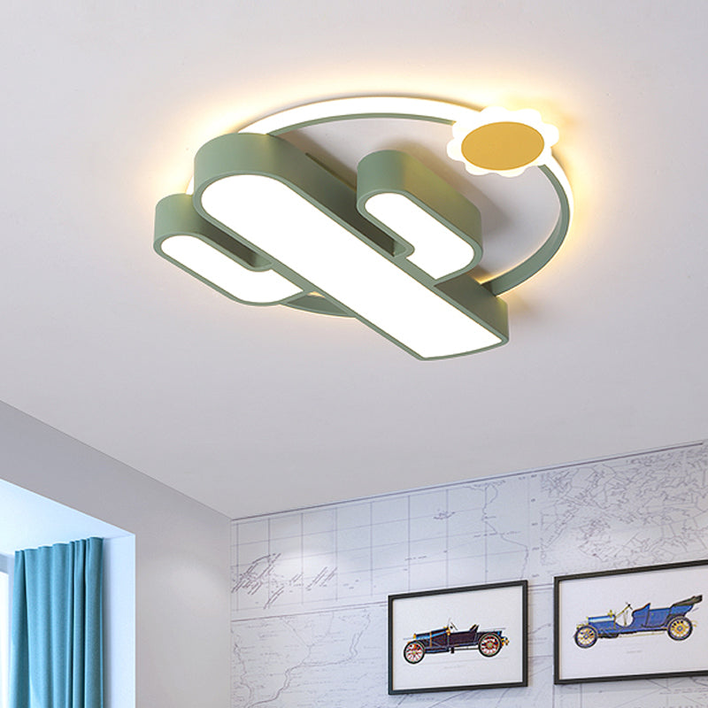 Cactus Ceiling Flush Mount Contemporary Acrylic Green LED Flush Mount Lamp with Sun Design for Nursery in Warm/White Light Green Clearhalo 'Ceiling Lights' 'Close To Ceiling Lights' 'Close to ceiling' 'Flush mount' Lighting' 753765