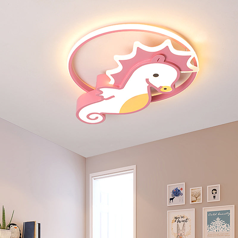 Modernist Sea Horse Flush Mount Ceiling Lamp Acrylic Kindergarten Pink LED Lighting Fixture with Ring in Warm/White Light Pink Clearhalo 'Ceiling Lights' 'Close To Ceiling Lights' 'Close to ceiling' 'Flush mount' Lighting' 753769