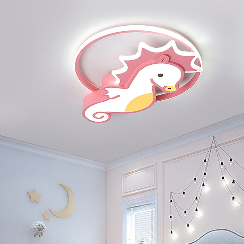 Modernist Sea Horse Flush Mount Ceiling Lamp Acrylic Kindergarten Pink LED Lighting Fixture with Ring in Warm/White Light Clearhalo 'Ceiling Lights' 'Close To Ceiling Lights' 'Close to ceiling' 'Flush mount' Lighting' 753770