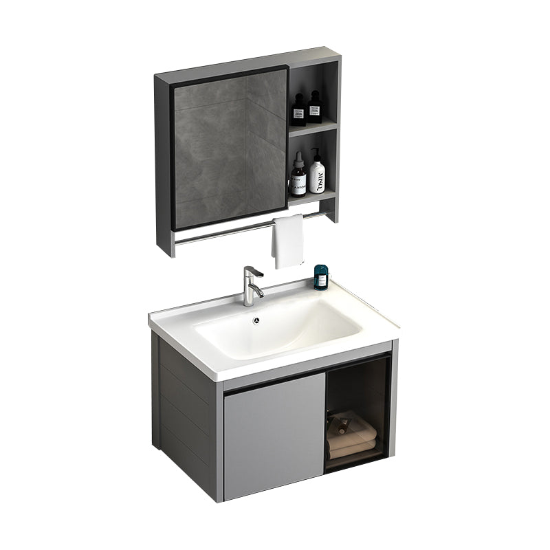 Single Bathroom Vanity Modern Gray Metal Base Wall Mount Rectangular Vanity Set Vanity & Faucet & Mirror Cabinet 28"L x 19"W x 18"H Clearhalo 'Bathroom Remodel & Bathroom Fixtures' 'Bathroom Vanities' 'bathroom_vanities' 'Home Improvement' 'home_improvement' 'home_improvement_bathroom_vanities' 7539032