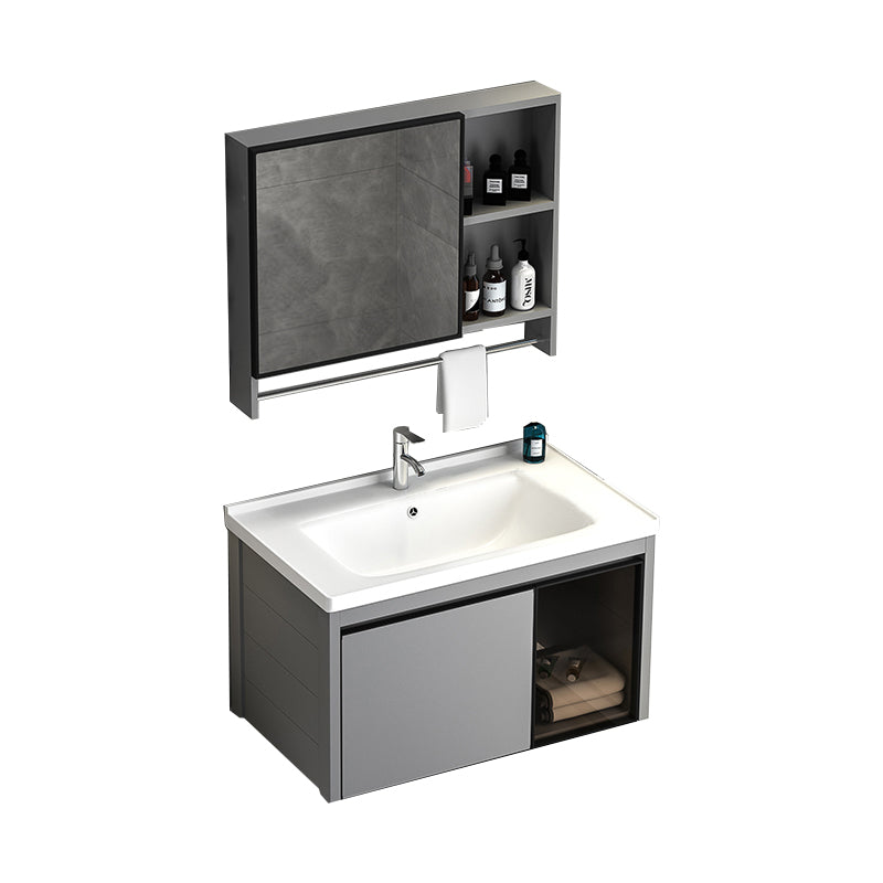 Single Bathroom Vanity Modern Gray Metal Base Wall Mount Rectangular Vanity Set Vanity & Faucet & Mirror Cabinet 32"L x 19"W x 18"H Clearhalo 'Bathroom Remodel & Bathroom Fixtures' 'Bathroom Vanities' 'bathroom_vanities' 'Home Improvement' 'home_improvement' 'home_improvement_bathroom_vanities' 7539035