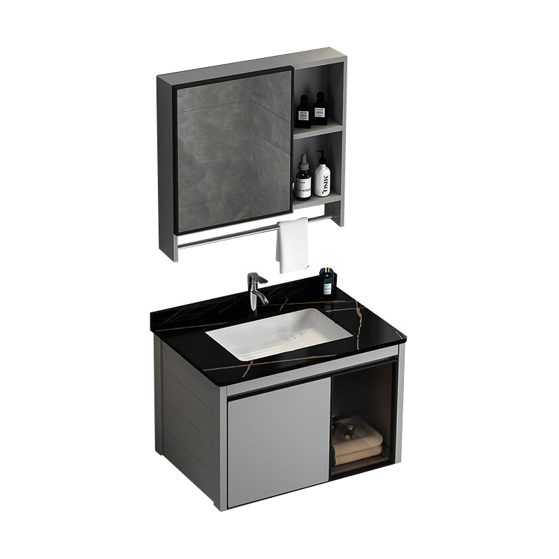 Single Bathroom Vanity Modern Gray Metal Base Wall Mount Rectangular Vanity Set Vanity & Faucet & Mirror Cabinet 28"L x 19"W x 16"H Clearhalo 'Bathroom Remodel & Bathroom Fixtures' 'Bathroom Vanities' 'bathroom_vanities' 'Home Improvement' 'home_improvement' 'home_improvement_bathroom_vanities' 7539039