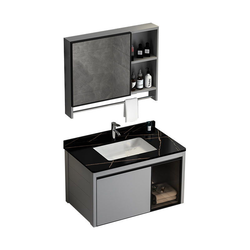 Single Bathroom Vanity Modern Gray Metal Base Wall Mount Rectangular Vanity Set Vanity & Faucet & Mirror Cabinet 31"L x 19"W x 16"H Clearhalo 'Bathroom Remodel & Bathroom Fixtures' 'Bathroom Vanities' 'bathroom_vanities' 'Home Improvement' 'home_improvement' 'home_improvement_bathroom_vanities' 7539041