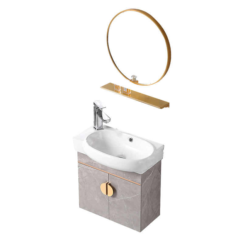 Rectangular Glam Sink Vanity Ceramic Single Wall Mount Vanity Set Vanity & Faucet & Round Mirror 20"L x 12"W x 20"H Left Clearhalo 'Bathroom Remodel & Bathroom Fixtures' 'Bathroom Vanities' 'bathroom_vanities' 'Home Improvement' 'home_improvement' 'home_improvement_bathroom_vanities' 7539148