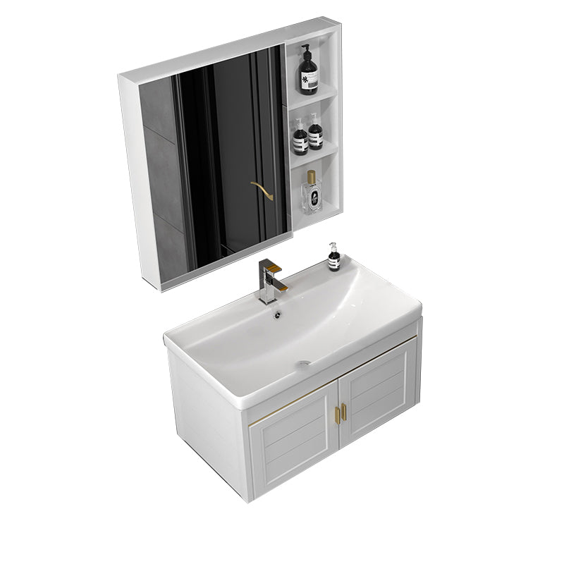 Rectangular Glam Bathroom Vanity Ceramic Top Single-Sink Wall Mount Vanity Set Vanity & Faucet & Mirror Cabinet White Clearhalo 'Bathroom Remodel & Bathroom Fixtures' 'Bathroom Vanities' 'bathroom_vanities' 'Home Improvement' 'home_improvement' 'home_improvement_bathroom_vanities' 7539233