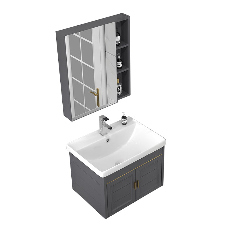 Rectangular Glam Bathroom Vanity Ceramic Top Single-Sink Wall Mount Vanity Set Vanity & Faucet & Mirror Cabinet 24"L x 19"W x 17"H Gray Clearhalo 'Bathroom Remodel & Bathroom Fixtures' 'Bathroom Vanities' 'bathroom_vanities' 'Home Improvement' 'home_improvement' 'home_improvement_bathroom_vanities' 7539241