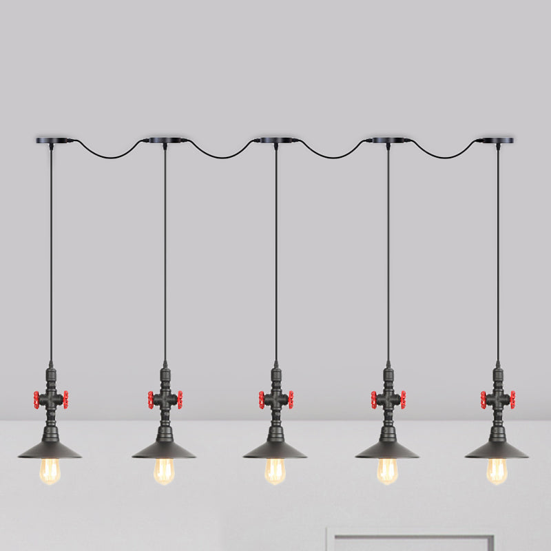 Saucer Iron Tandem Hanging Lighting Industrial 3/5/7-Bulb Restaurant Multi Pendant Lamp in Black 5 Black Clearhalo 'Art Deco Pendants' 'Black' 'Cast Iron' 'Ceiling Lights' 'Ceramic' 'Crystal' 'Industrial Pendants' 'Industrial' 'Metal' 'Middle Century Pendants' 'Pendant Lights' 'Pendants' 'Rustic Pendants' 'Tiffany' Lighting' 753939