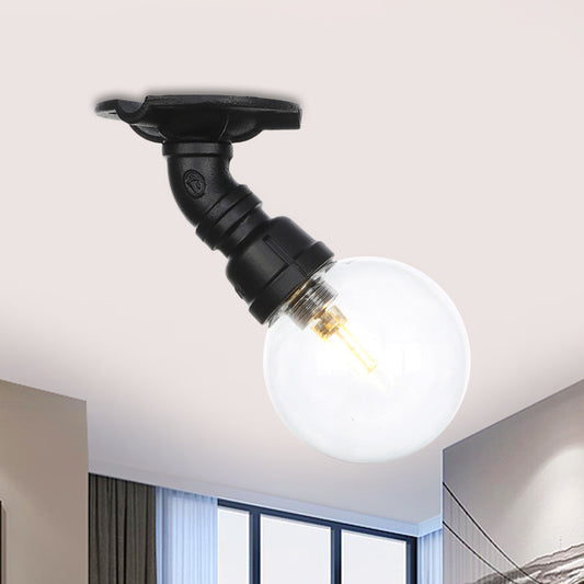 Orb Clear Glass Semi Flush Lighting Industrial 1 Bulb Restaurant Ceiling Mounted Fixture in Black Black A Clearhalo 'Ceiling Lights' 'Close To Ceiling Lights' 'Close to ceiling' 'Glass shade' 'Glass' 'Semi-flushmount' Lighting' 754062