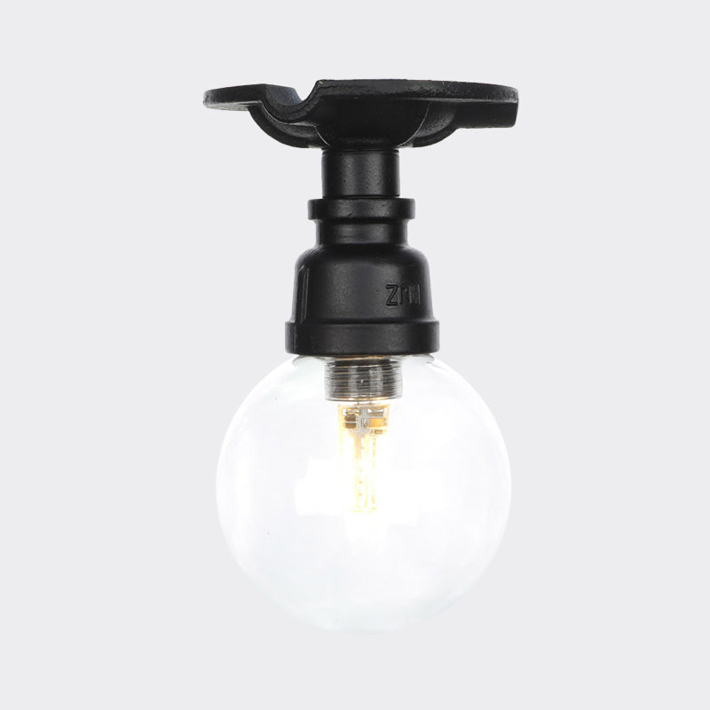 Orb Clear Glass Semi Flush Lighting Industrial 1 Bulb Restaurant Ceiling Mounted Fixture in Black Clearhalo 'Ceiling Lights' 'Close To Ceiling Lights' 'Close to ceiling' 'Glass shade' 'Glass' 'Semi-flushmount' Lighting' 754069