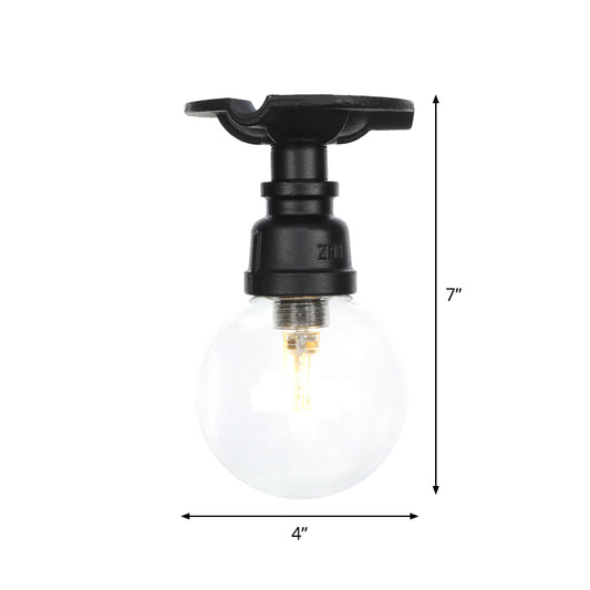 Orb Clear Glass Semi Flush Lighting Industrial 1 Bulb Restaurant Ceiling Mounted Fixture in Black Clearhalo 'Ceiling Lights' 'Close To Ceiling Lights' 'Close to ceiling' 'Glass shade' 'Glass' 'Semi-flushmount' Lighting' 754070