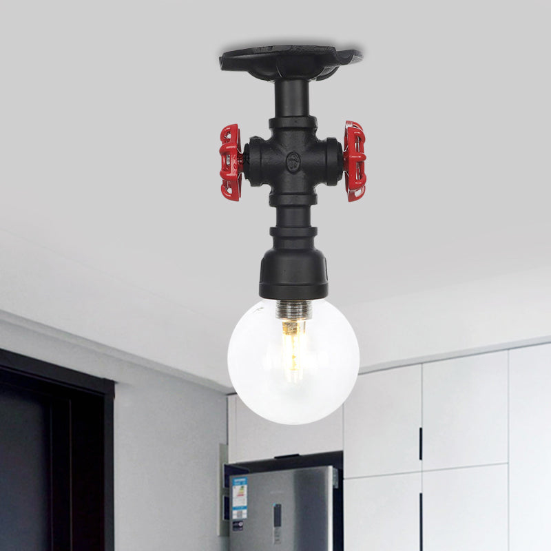 Orb Clear Glass Semi Flush Lighting Industrial 1 Bulb Restaurant Ceiling Mounted Fixture in Black Clearhalo 'Ceiling Lights' 'Close To Ceiling Lights' 'Close to ceiling' 'Glass shade' 'Glass' 'Semi-flushmount' Lighting' 754072