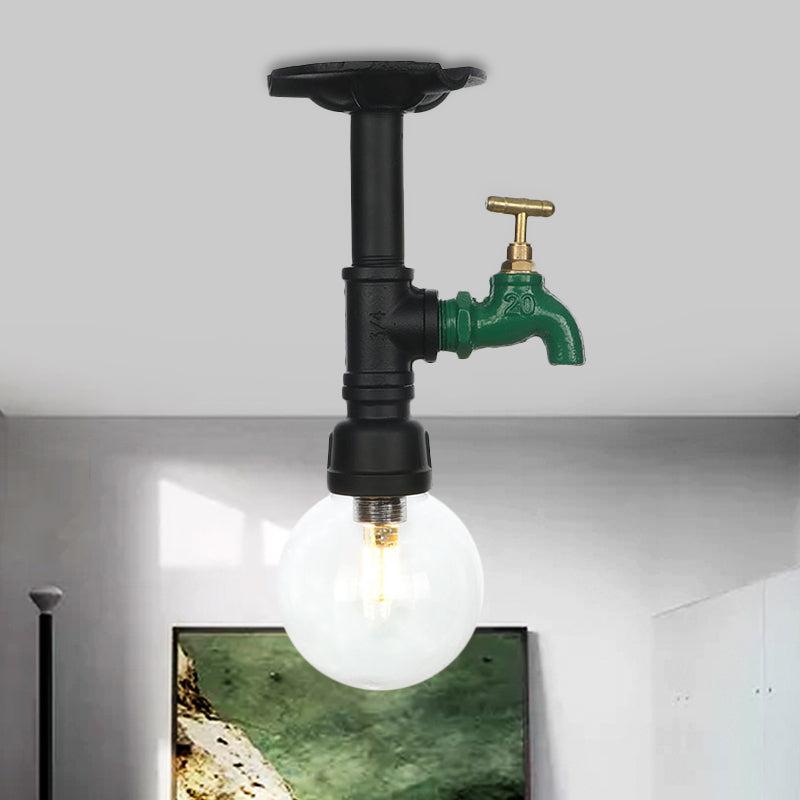 Orb Clear Glass Semi Flush Lighting Industrial 1 Bulb Restaurant Ceiling Mounted Fixture in Black Black D Clearhalo 'Ceiling Lights' 'Close To Ceiling Lights' 'Close to ceiling' 'Glass shade' 'Glass' 'Semi-flushmount' Lighting' 754076