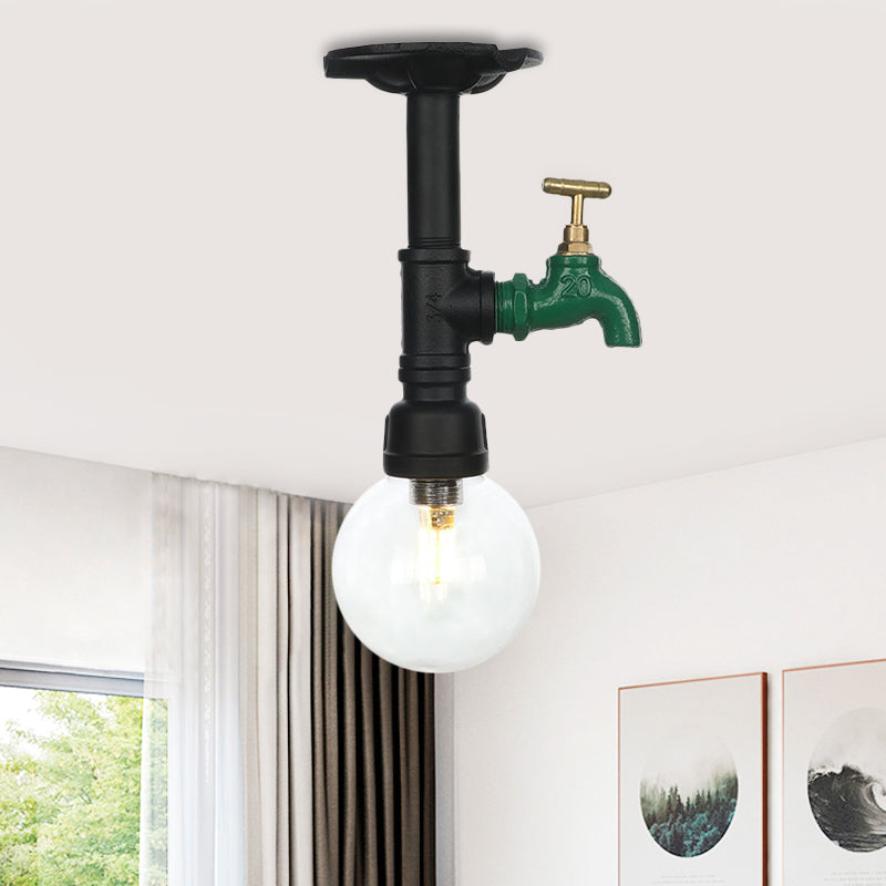 Orb Clear Glass Semi Flush Lighting Industrial 1 Bulb Restaurant Ceiling Mounted Fixture in Black Clearhalo 'Ceiling Lights' 'Close To Ceiling Lights' 'Close to ceiling' 'Glass shade' 'Glass' 'Semi-flushmount' Lighting' 754077