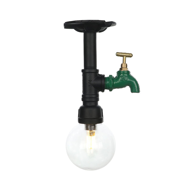 Orb Clear Glass Semi Flush Lighting Industrial 1 Bulb Restaurant Ceiling Mounted Fixture in Black Clearhalo 'Ceiling Lights' 'Close To Ceiling Lights' 'Close to ceiling' 'Glass shade' 'Glass' 'Semi-flushmount' Lighting' 754078