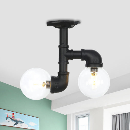 Ball Corridor Semi Flush Light Fixture Vintage Clear Glass 2 Bulbs Black LED Ceiling Lamp Clearhalo 'Ceiling Lights' 'Close To Ceiling Lights' 'Close to ceiling' 'Glass shade' 'Glass' 'Pendant Lights' 'Semi-flushmount' Lighting' 754110