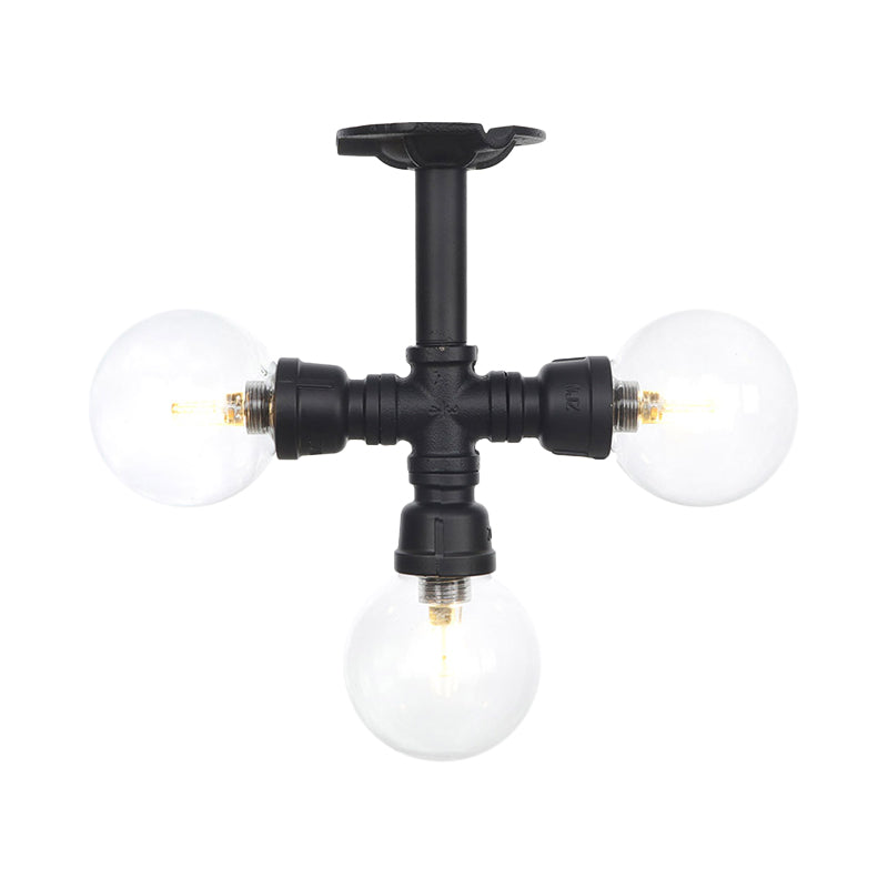 Industrial-Style Orb Semi Flush Light 3/4 Lights Clear Glass LED Flushmount Lamp in Black Clearhalo 'Ceiling Lights' 'Close To Ceiling Lights' 'Close to ceiling' 'Glass shade' 'Glass' 'Semi-flushmount' Lighting' 754120