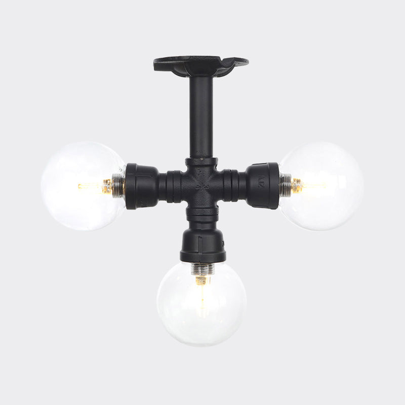 Industrial-Style Orb Semi Flush Light 3/4 Lights Clear Glass LED Flushmount Lamp in Black Clearhalo 'Ceiling Lights' 'Close To Ceiling Lights' 'Close to ceiling' 'Glass shade' 'Glass' 'Semi-flushmount' Lighting' 754121